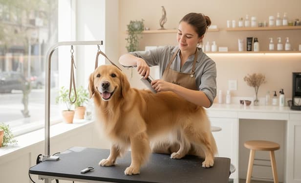 Groomer working with a dog